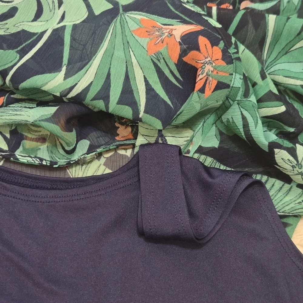 Ruby Rd. Green Tropical Sheer Overlay and Tank Top, Size Small NWT